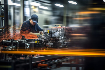 Wall Mural - Abstract motion blur shot of a factory worker operating a production line, highlighting the speed and efficiency in mass production. Generative AI