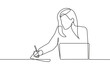Continuous One Line Drawing of Businesswoman with Laptop. Woman in Office One Line Illustration. Businesswoman Abstract Minimalist Contour Drawing. Vector EPS 10 