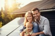 a happy family surrounded by solar panels. environmental concept. Created with generative AI technology.