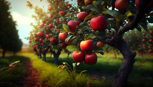 garden apple trees with juicy, red apples that are ready for picking, apples on a tree, ai generated