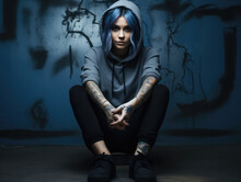 Tattooed Young Woman In A Black Hoodie And Black Skinny Jeans. Street Style Fashion Photo. Generative AI