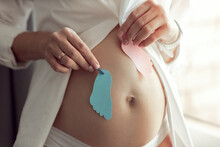Gender Reveal Party, Young Pregnant Woman Holding Pink And Blue Decoration For Baby Girl Or Boy. Maternity Event.