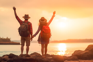 Canvas Print - couple wearing hat and backpack at sunset near water ai generated art