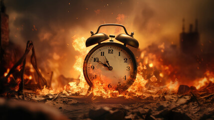 Burning alarm clock background. Black Friday and time out or deadline concept. Big sale and hot discounts. Generative AI