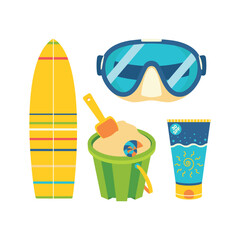 Beach set for summer trips. Sun cream, bucket, sand, mask, scuba diving, snorkeling, surfboard.