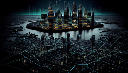 Wall Mural - View of the city London's financial district, cityscape, and surroundings network connections for large data Ai generated image