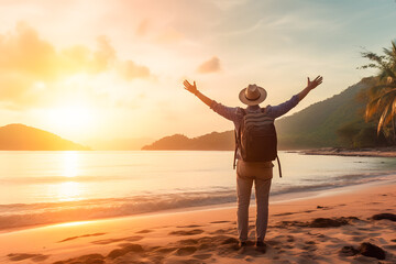 Wall Mural - Happy man on holiday at tropical sandy beach ai generated art