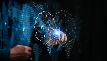 artificial intelligence, ai, innovation, technology, neural, future, businessman, machine learning, intelligent, robotic. businessman touch at hud neural ai tech innovation and human-machine interact.