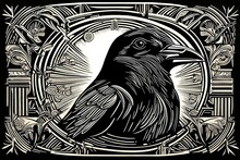 An Old Linocut Art Piece Of A Crow Head With Decorative Frame.