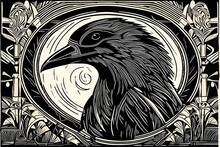 An Old Linocut Art Piece Of A Crow Head With Decorative Frame.