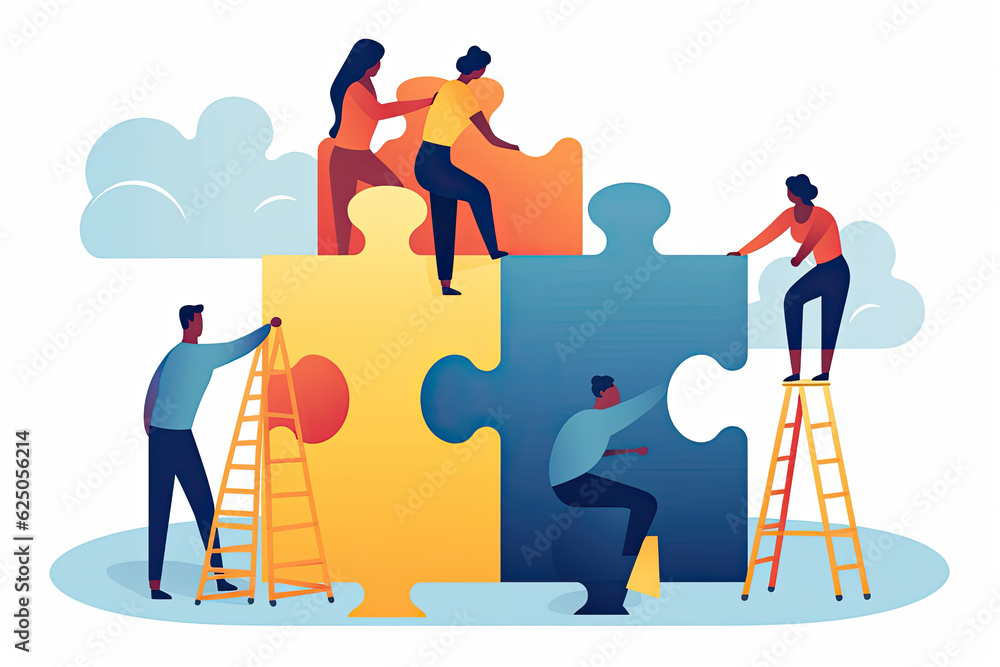 Working Together Figure Tiny people connecting puzzle parts. Business team working on jigsaw ...