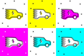 Sticker - Set Electric car and electrical cable plug charging icon isolated on color background. Renewable eco technologies. Vector