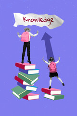 Wall Mural - Vertical collage picture of two mini black white colors kids jump pile stack book arrow upwards knowledge isolated on violet background