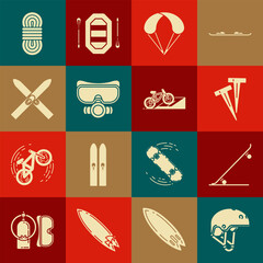 Sticker - Set Helmet, Skateboard, Pegs for tents, Parachute, Diving mask, Ski and sticks, Climber rope and Bicycle on street ramp icon. Vector