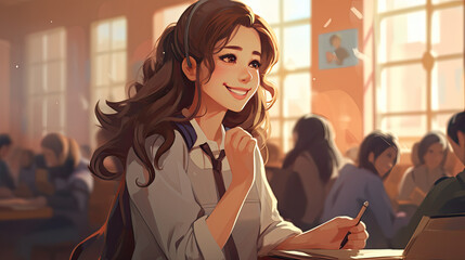 Wall Mural - Teenage student female posing smiling in classroom. Generative AI