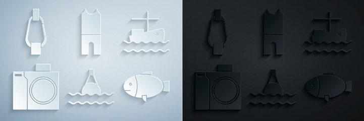 Poster - Set Floating buoy on the sea, Fishing boat water, Photo camera for diver, Wetsuit scuba diving and Carabiner icon. Vector