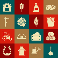 Wall Mural - Set Onion, Roll of hay, Bucket, Bag flour, Sunflower, Scythe, Farm House concept and Corn icon. Vector