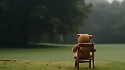 Wall Mural - Teddy bear toy sitting on the wooden chair in the rain