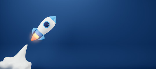 Wall Mural - startup and promotion concept with launched rocket and empty space for your logo on dark blue backgr