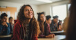 © Farnaces - Teenage student female posing smiling in classroom. Generative AI
