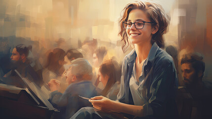 Wall Mural - Teenage student female posing smiling in classroom. Generative AI