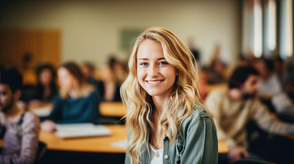 Wall Mural - Teenage student female posing smiling in classroom. Generative AI