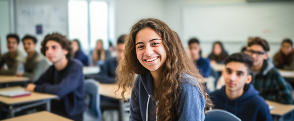 Wall Mural - Teenage student female posing smiling in classroom. Generative AI