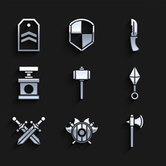 Poster - Set Battle hammer, Medieval shield with crossed axes, Japanese ninja shuriken, Crossed medieval sword, Handle detonator for dynamite, Military knife and Chevron icon. Vector