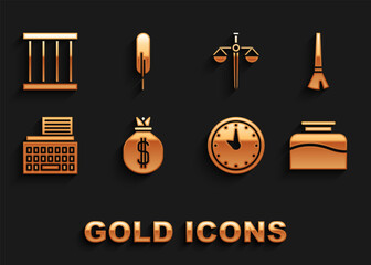 Sticker - Set Money bag, Paint brush, Inkwell, Clock, Retro typewriter, Scales of justice, Prison window and Feather pen icon. Vector