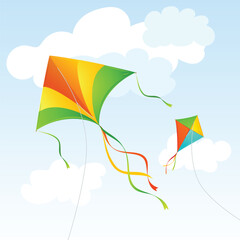 Sticker - Realistic Detailed 3d Fly Kite and Clouds on a Blue Sky Summer Concept Background. Vector illustration