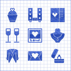 Poster - Set Photo frames and hearts, Envelope with Valentine, Wedding rings, Necklace on mannequin, Suit, Glass of champagne, Postcard and cake icon. Vector