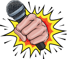 Poster - A fist hand holding a microphone in a comic book pop art cartoon illustration style. With an explosion in the background