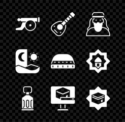 Poster - Set Ramadan cannon, Lute, Muslim man, Kareem lantern, Kaaba mosque, fasting and hat for prayer icon. Vector