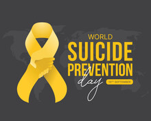 World Suicide Prevention Day - Yellow Ribbon Awareness With Hand Hold Hand To Give Hope Sign On Dark World Map Texture Background Vector Design