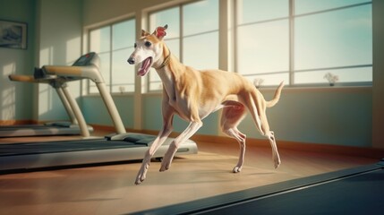 The English Greyhound runs on a treadmill in a gym. Generative AI 4