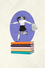 Canvas Print - Vertical collage picture of little funky school girl jumping over huge stack book store library with backpack isolated on grey background