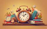 Fototapeta Tematy - Back to school vector banner design with school items education elements alarm clock