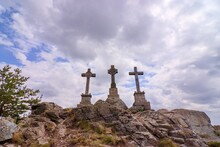 Three Massive Crosses At The Top Of The Hill Near Prameny, Czech Republic