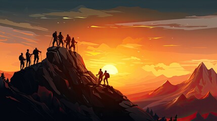 Silhouette of Businessman Climbing Mountain and Helping at Sunset Help and assistance concept. Work as a team. Conquer the goal. Vector illustration.
