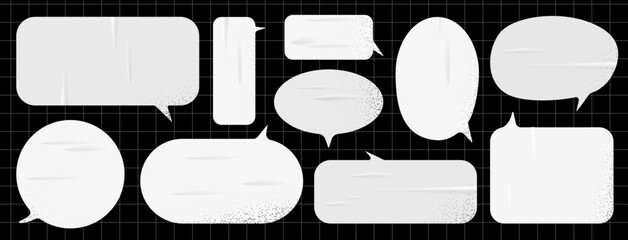 Modern grunge school sticker for collage or note. Speech bubbles with realistic texture. Png emotional message. Vector illustration. White wet paper on black grid background