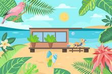 Woman Sunbathing On Beach Vector Illustration. Tropical Birds And Plants Around Modern House Near Sea Or Ocean, Travel Destination For Vacation. Summer, Tourism, Nature Concept