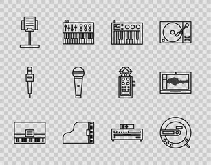 Wall Mural - Set line Piano, Music CD player, synthesizer, Grand piano, stand, Microphone, and Sound or audio recorder laptop icon. Vector