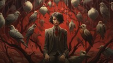 Business Woman Walking In Scary Forest Full Of White Birds On Leaveless Tree, Surreal Fancy Anime Illustration, Generative Ai