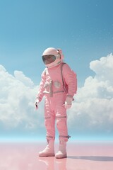 a person stands boldly in a pastel pink suit, a cosmic astronaut against a sky of billowing clouds, 