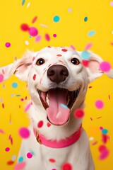 A whimsical pastel portrait of a beloved pet dog with an open mouth and vibrant red spots stands out among its four-legged peers