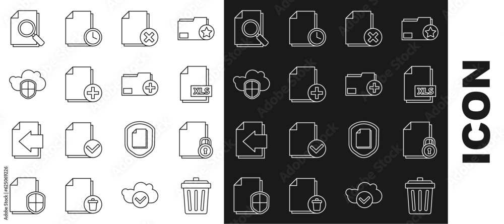 Set line Trash can, Document and lock, XLS file document, Delete, Add ...
