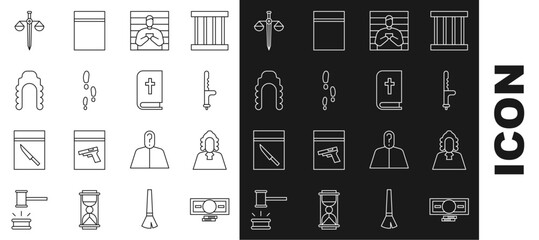 Sticker - Set line Stacks paper money cash, Judge, Police rubber baton, Suspect criminal, Footsteps, wig, Scales of justice and Holy bible book icon. Vector