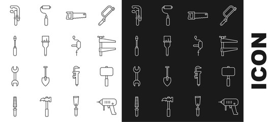 Set line Electric drill machine, Sledgehammer, Clamp tool, Hand saw, Paint brush, Screwdriver, and icon. Vector