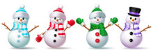 Christmas Snowman Character Set Vector Design. Snow Man Character Wearing Scarf, Hat And Glove Costume Isolated In White Background. Vector Illustration Winter Season Cartoon Collection.