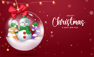 Wall Mural - Merry christmas text vector design. Christmas and happy new year greeting with snow man character in crystal glass ball hanging ornament. Vector illustration holiday seasonal background.